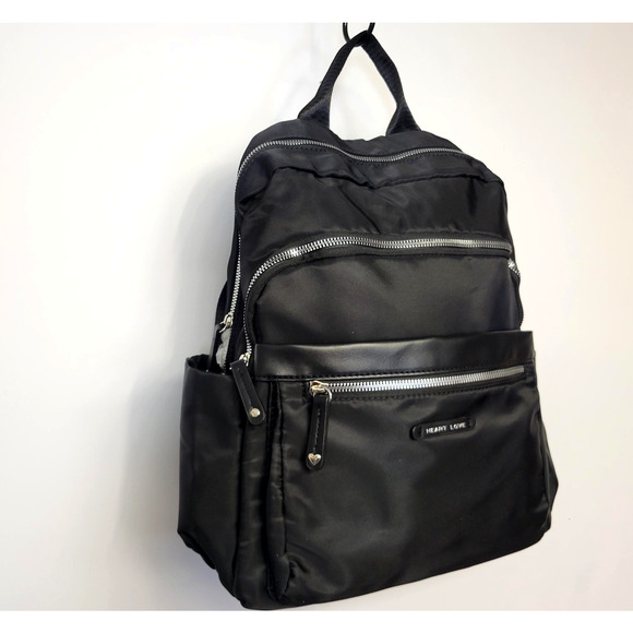 Heart Love Backpack Womens M Black Nylon Faux Leather Zip Organizer Pouch New main image 10
